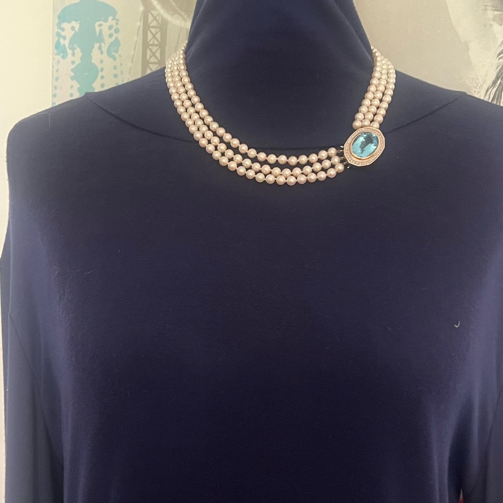 Vintage 14K White Gold & Yellow Gold, Pearl, Topaz, and Diamond Necklace💛🤍💙 - Picture 10 of 13